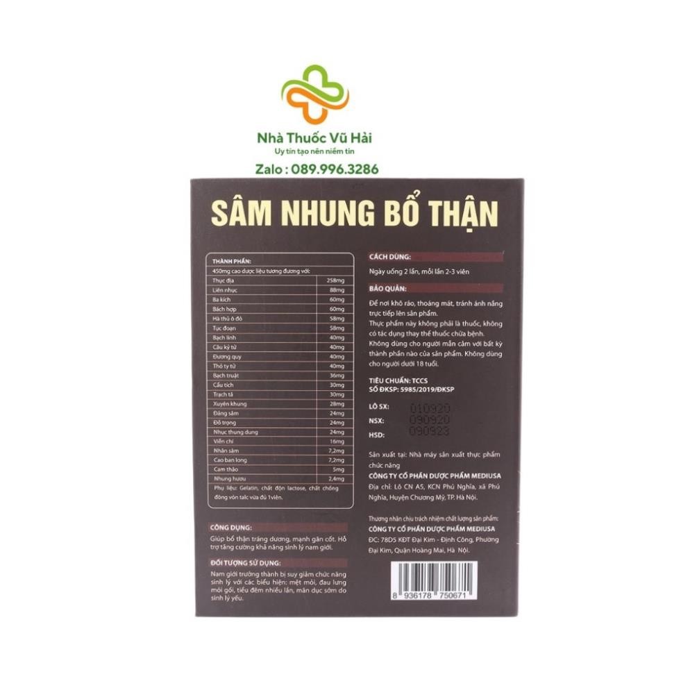 Viên uống tăng cường sinh lý nam Sâm Nhung Bổ Thận giảm đau lưng, mỏi gối, tiểu đêm nhiều - Hộp 30 viên