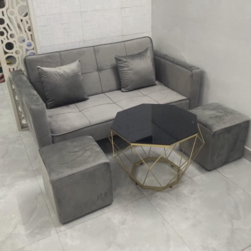 Bộ sofa mini 1m4 màu xám nhung, combo sofa bed 6 món đặt chung cư, bảo hành chánh hãng 12 tháng | BigBuy360 - bigbuy360.vn