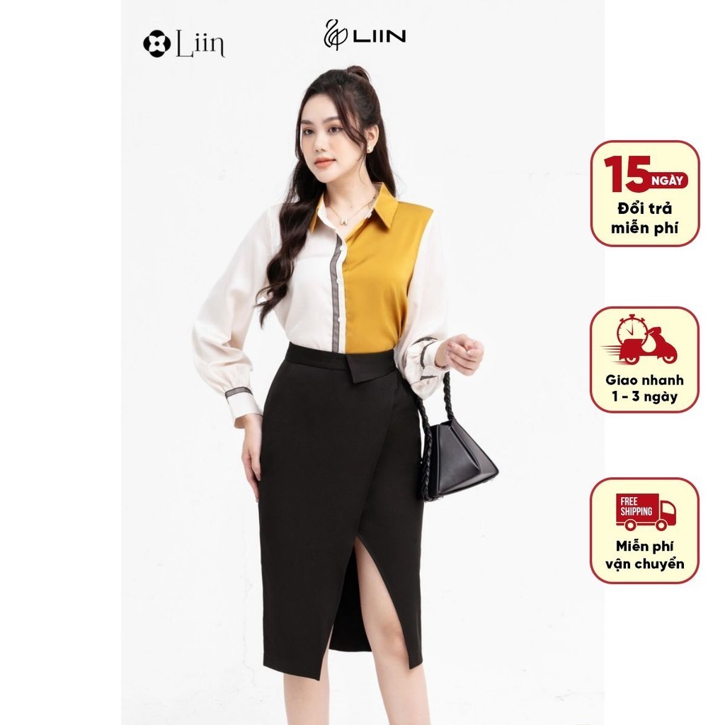 Áo lụa vàng phối nâu thanh lịch trẻ trung công sở Liin Clothing SM4700