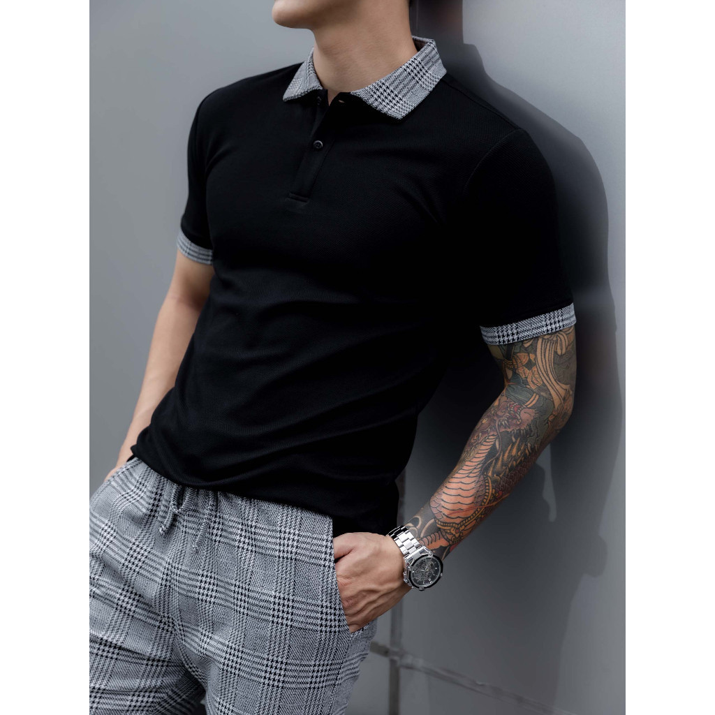 Set Polo Nam Short Black Gray Check, Chất Vải Cotton Blend Thoải Mái, SB0013, SOMEHOW