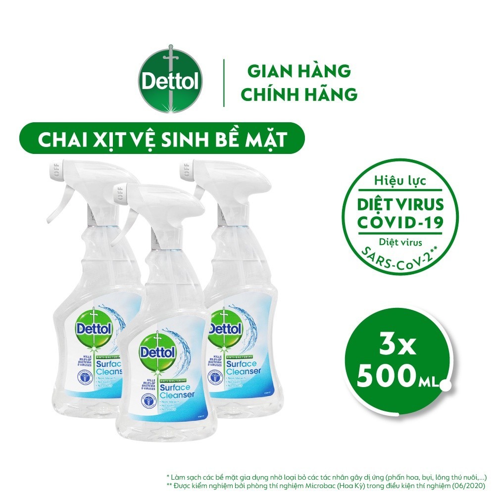 Combo 3 chai xịt bề mặt vệ sinh kháng khuẩn Dettol 500ml x 3