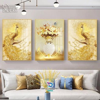 B32 Bộ 3 Tranh Treo Tường Chim Công Hoàng Kim/ Phòng Khách/ Ngủ khách sạn Nhà Nghỉ Giường Sảnh Decor Tráng Gương