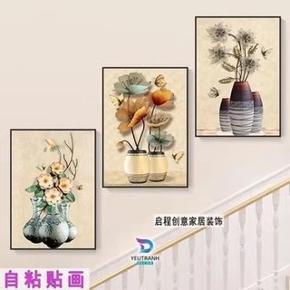 B41 Bộ 3 Tranh Treo Tường Tráng gương Decor phòng ăn/ Bếp/ Khách/ Ngủ/ Bình Hoa đào hồng Tết bắc âu cổ điển vintage