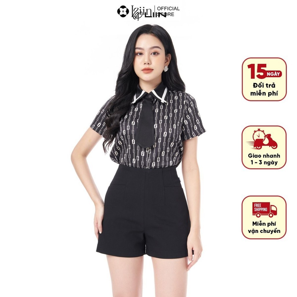 Áo sơ mi cộc tay linbi màu đen họa tiết kẻ chữ nhỏ mix cà vạt cá tính liin clothing SM4324