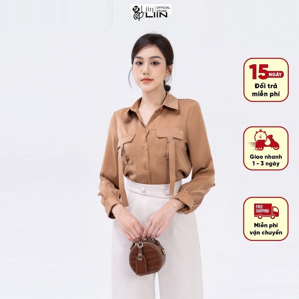 Áo sơ mi linbi cao cấp màu nâu mix túi hộp dây mặc tôn da thanh lịch liin clothing SM4506