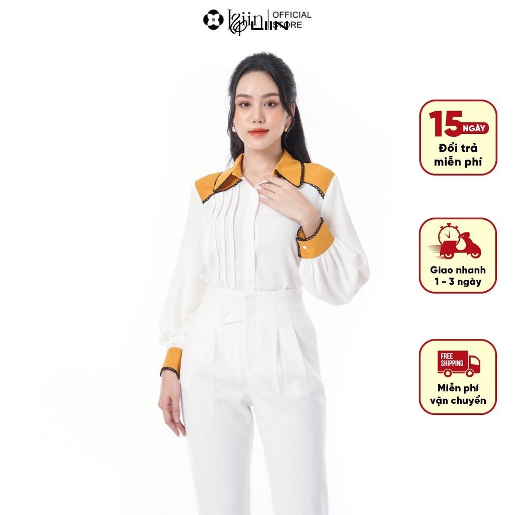 Áo sơ mi linbi dài tay màu trắng cổ vàng kiểu dáng trẻ trung, thời thượng liin clothing SM3119