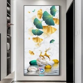 HD38 Tranh Treo Tường Phòng Khách Lối lên cầu Thang phòng ngủ/ Decor Nhà Tuần Lộc Đá Cuội Và Cây Lộc Vừng Hoa cá hoa Xoa