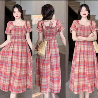 Đầm váy caro suông dài 🔥chất thô đũi🔥 cổ vuông tay bồng maxi đi biển hở lưng đan dây kẻ caro nhỏ chiết eo chun eo