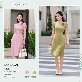 Đầm công sở dáng xòe cổ tròn hoa ngực, váy xòe ngắn tay vai bồng LYNTRAN DO-3706N