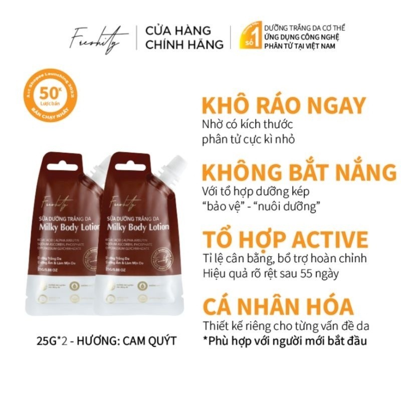 [GIFT] Bộ 2 Sữa dưỡng trắng da milky chứa 4% Alpha arbutin Freshity 25gx2 dưỡng trắng sáng da cơ thể tối ưu