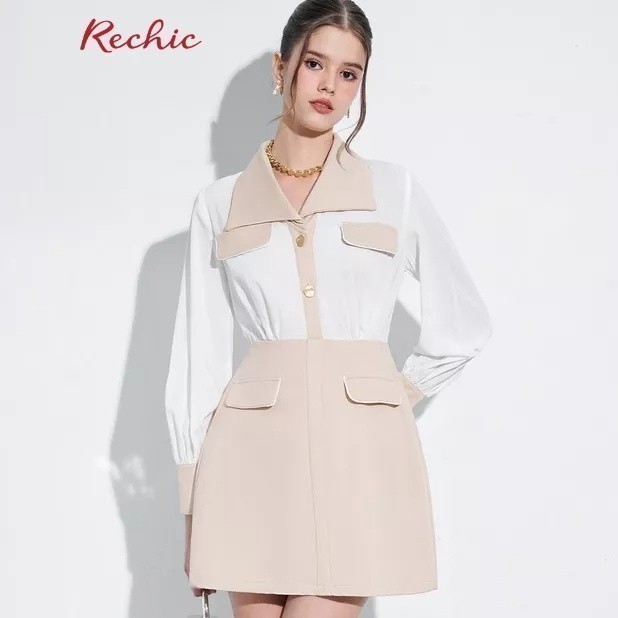 RECHIC Đầm Ngắn Fiore cố sơ mi tay dài phối màu trắng - beige phần cổ và váy độc đáo sang trọng