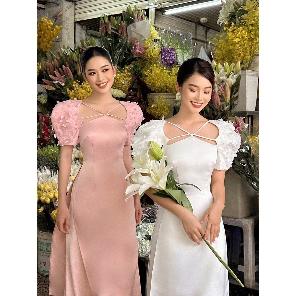 [MUA 1 TẶNG 1]RECHIC Set Áo Dài Thục Khuê tặng kèm quần trắng tay phồng chéo dây thanh lịch thời thượng hiện đại