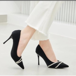 Giày cao gót nhọn 10p bít mũi da nhung 2 dây xoàn chéo mũi chân - BM107 Công sở