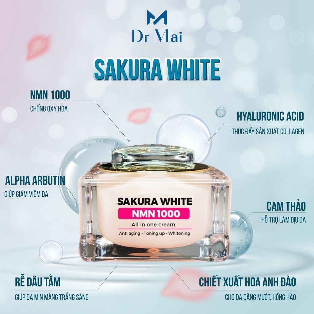 Dr Mai, Kem dưỡng trắng da chống nắng hoa anh đào Sakura White Nmn 1000,dưỡng da trắng sáng, ngăn lão hóa