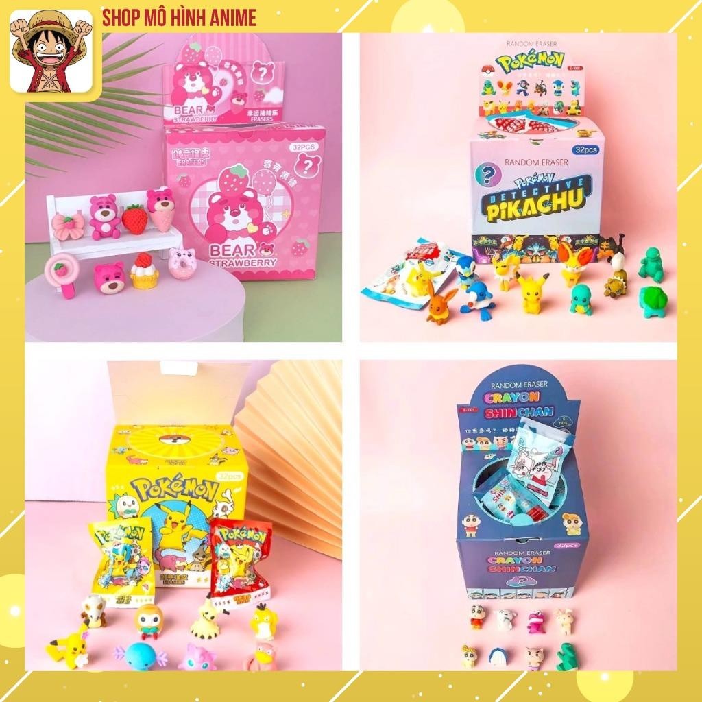 Hộp 32 Mô Hình Tẩy Bút Chì Gấu Dâu, Pokemon, Unbox Mở Quà Sưu Tầm Các Nhân Vật Ngẫu Nhiên, Đồ Chơi Q