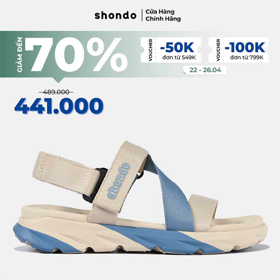 Giày Sandal Nam Nữ SHONDO F6 Sport Nhẹ Êm Đi Học, Đi Làm Thời Trang Màu Be Xanh Dương F6S2535