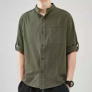 Áo sơ mi đũi lỡ tay PHshop204, áo sơ mi nam cổ tàu phong cách Hàn Quốc phom rộng