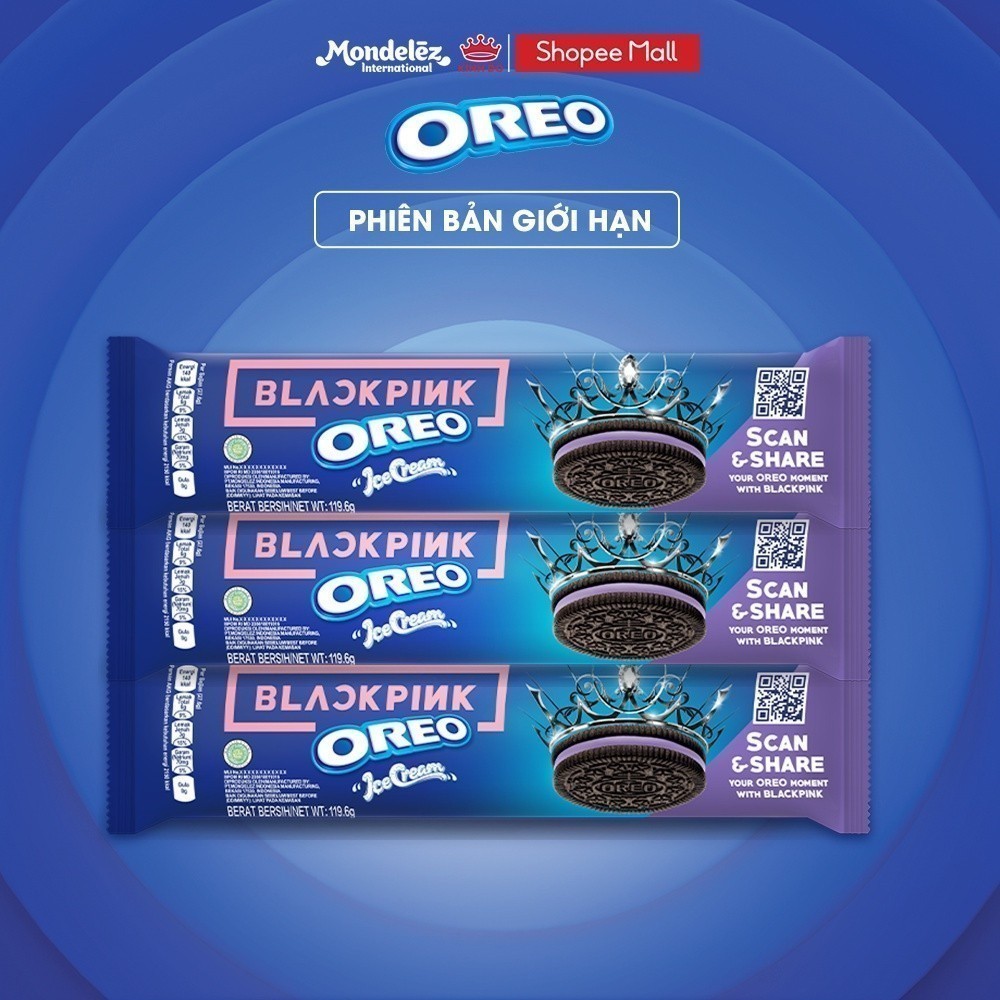 Bánh quy OREO BLACKPINK vị kem lạnh việt quất, combo 3 thanh x 119.6g