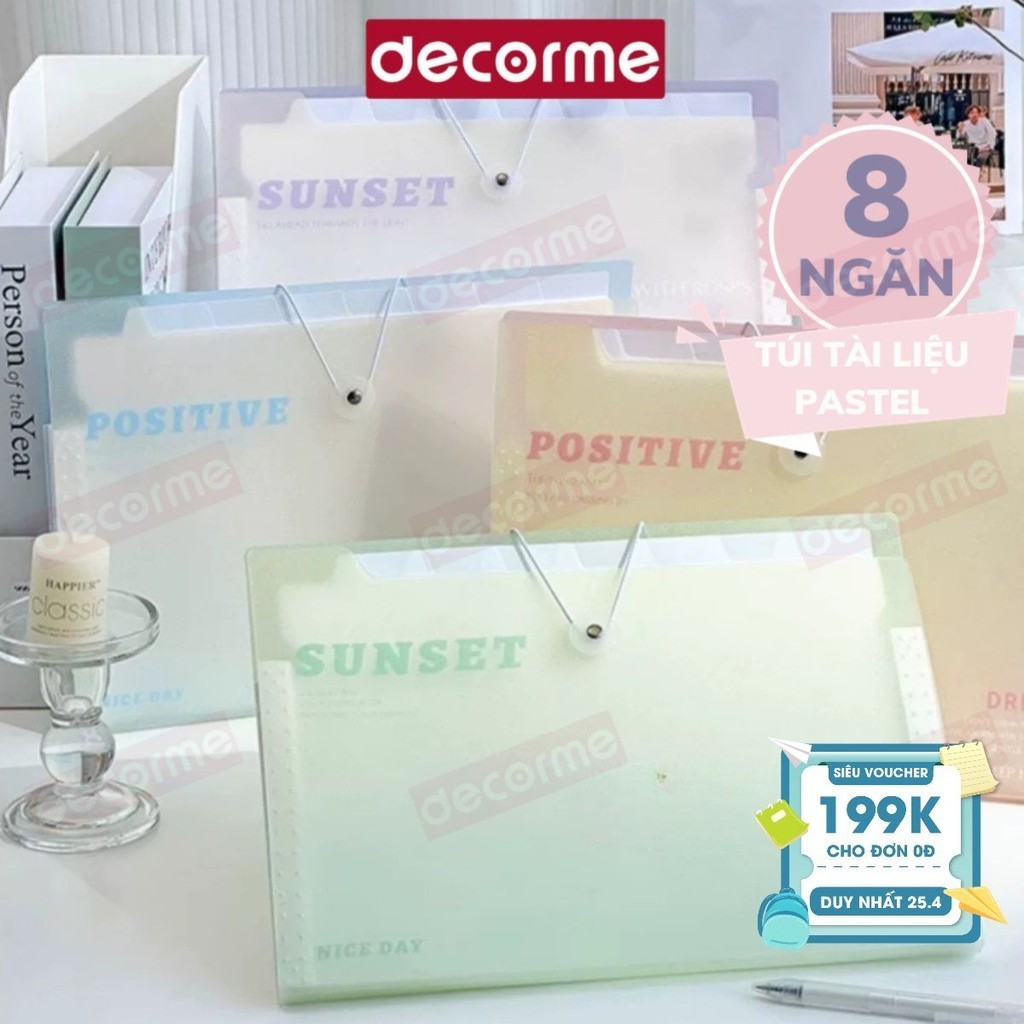 Túi đựng tài liệu 8 ngăn khổ A4 pastel lấp lánh ánh nhũ Decorme file kẹp nhiều ngăn tiện lợi cho học sinh