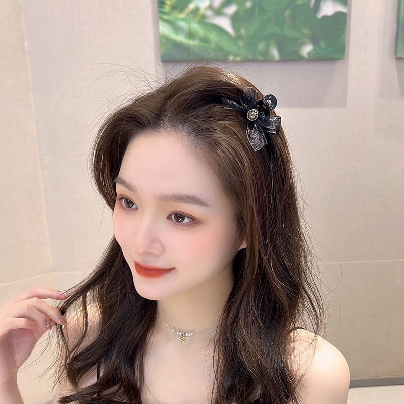 ✨✨Kẹp Tóc Nơ Đính Đá Kim Cương Giả Hai Mặt Vải Lưới Kích Thước Nhỏ Cài Tóc Đuôi Ngựa Mùa Hè