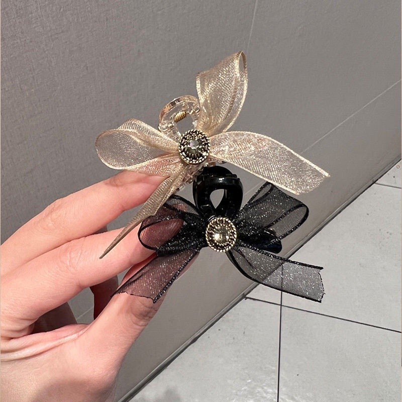 ✨✨Kẹp Tóc Nơ Đính Đá Kim Cương Giả Hai Mặt Vải Lưới Kích Thước Nhỏ Cài Tóc Đuôi Ngựa Mùa Hè