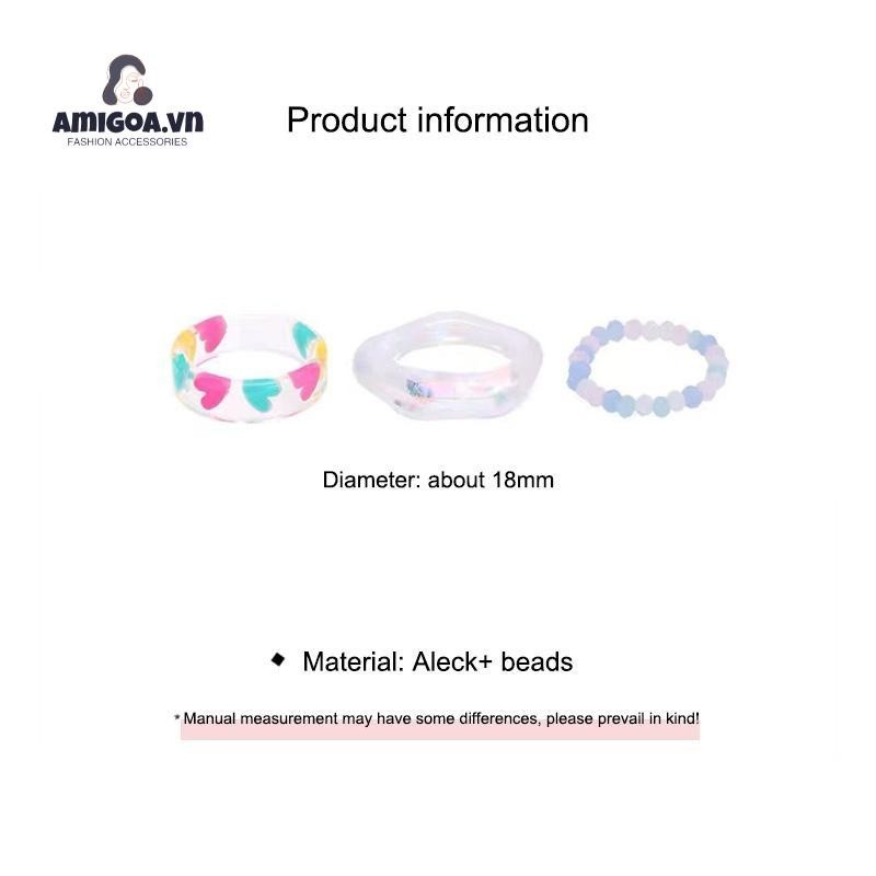 ✨✨Bộ 3 Nhẫn Acrylic Trong Suốt Đính Hạt Hình Trái Tim Nhiều Màu