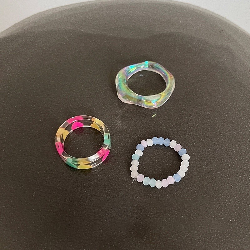 ✨✨Bộ 3 Nhẫn Acrylic Trong Suốt Đính Hạt Hình Trái Tim Nhiều Màu
