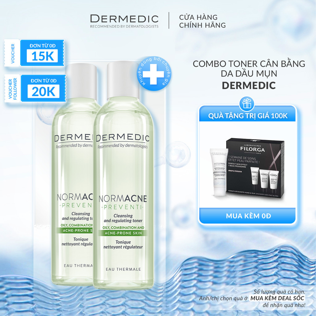 Combo 2 Toner Dermedic da dầu mụn làm dịu se khít lỗ chân lông Normacne Preventi Cleansing & Regulating Skin Toner 200ml