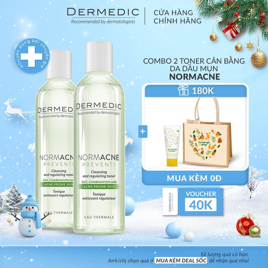 Combo 2 Toner Dermedic da dầu mụn làm dịu se khít lỗ chân lông Normacne Preventi Cleansing & Regulating Skin Toner 200ml