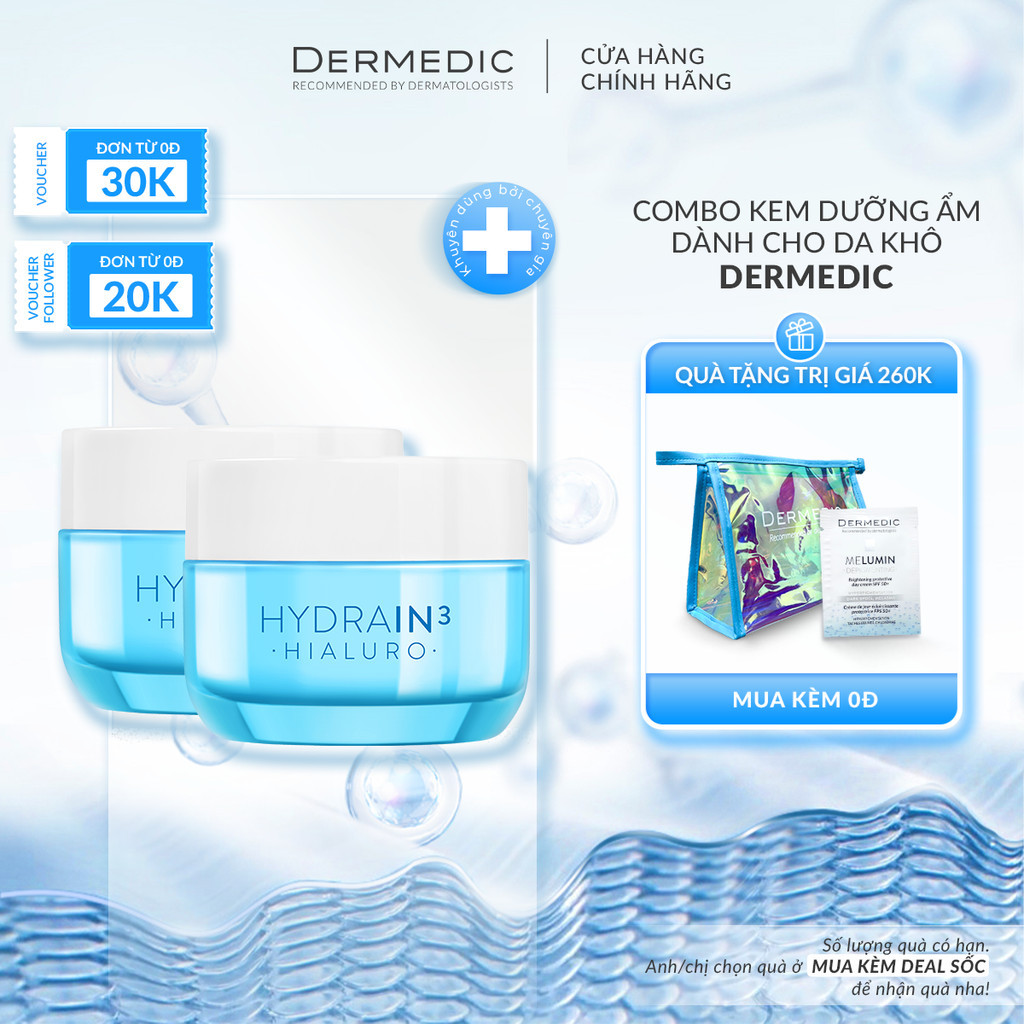 Combo 2 Kem dưỡng Dermedic HA ban đêm  cấp âm da khô mất nước Hydrain3 Hialuro Cream-Gel Ultra-Hydrating 50 G