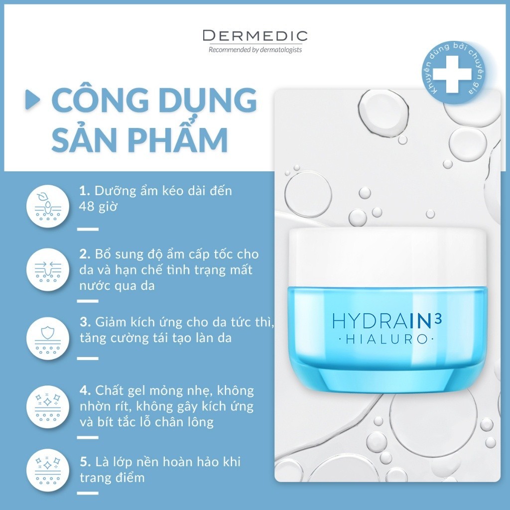 Combo 2 Kem dưỡng Dermedic HA ban đêm  cấp âm da khô mất nước Hydrain3 Hialuro Cream-Gel Ultra-Hydrating 50 G