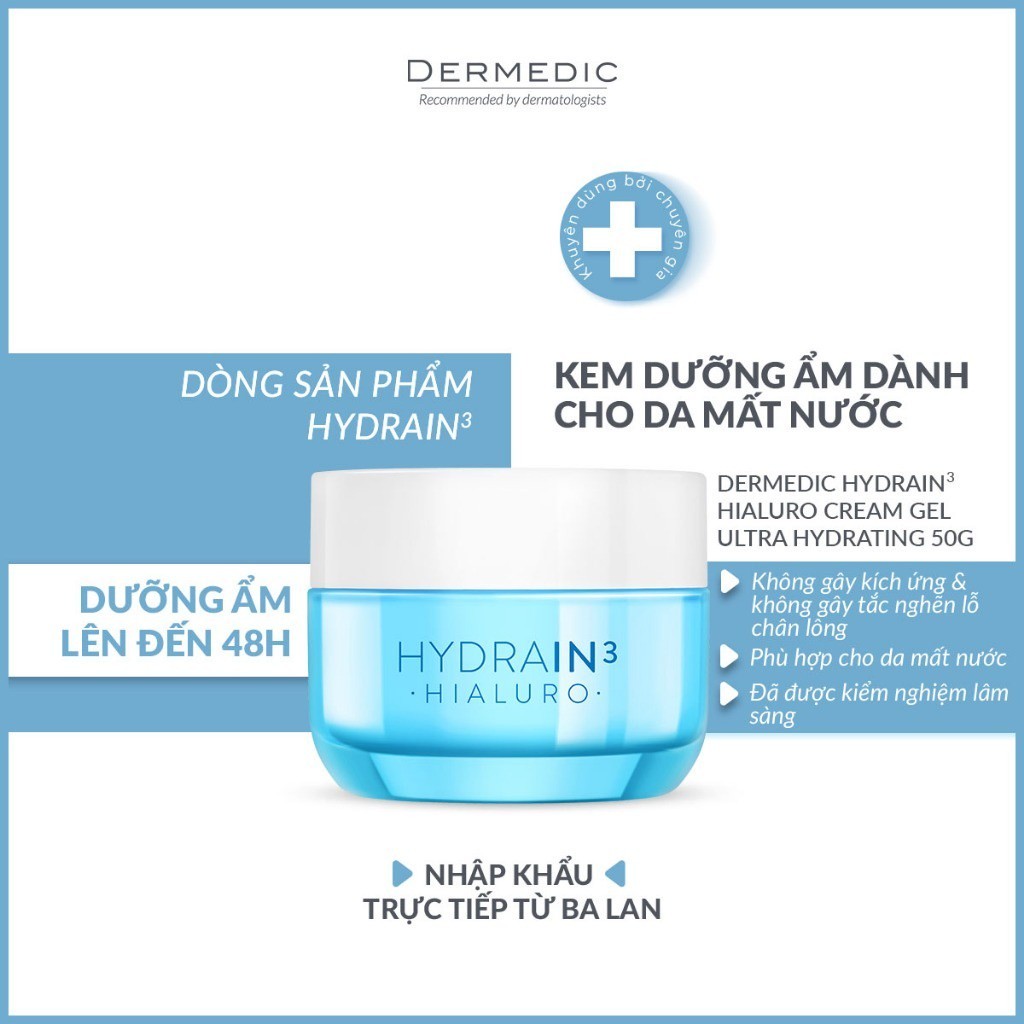 Combo 2 Kem dưỡng Dermedic HA ban đêm  cấp âm da khô mất nước Hydrain3 Hialuro Cream-Gel Ultra-Hydrating 50 G