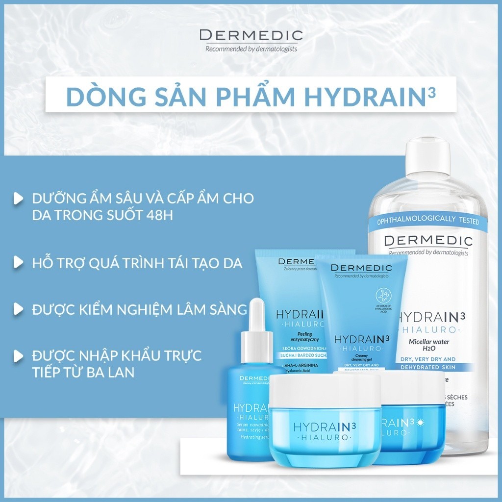 Combo 2 Nước tẩy trang Dermedic 2 in 1 cho da khô cấp ẩm HA Hydrain3 Hialuro Micellar water H2O 500 ml