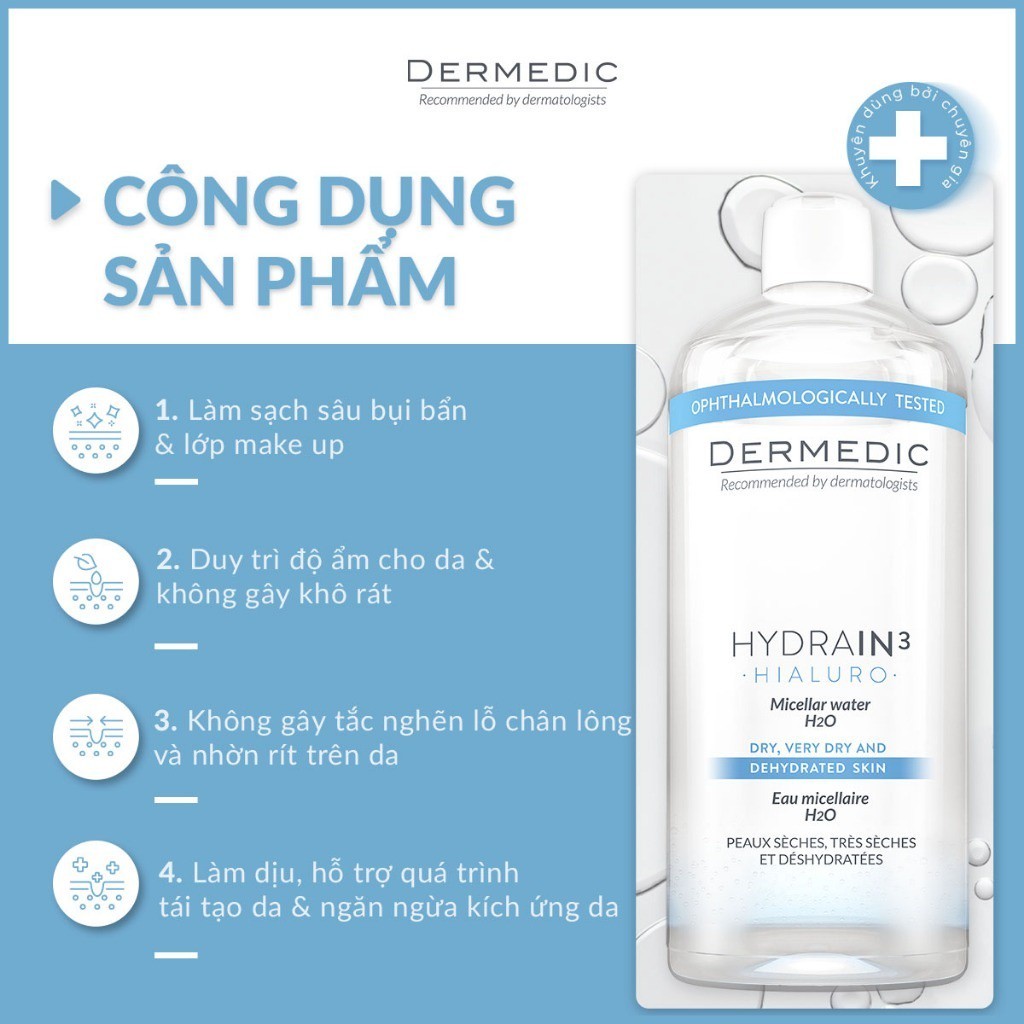 Combo 2 Nước tẩy trang Dermedic 2 in 1 cho da khô cấp ẩm HA Hydrain3 Hialuro Micellar water H2O 500 ml