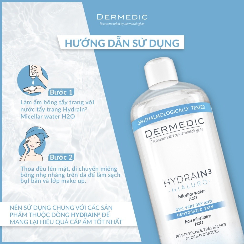 Combo 2 Nước tẩy trang Dermedic 2 in 1 cho da khô cấp ẩm HA Hydrain3 Hialuro Micellar water H2O 500 ml