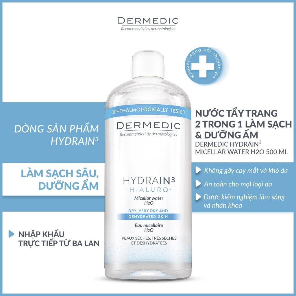 Combo 2 Nước tẩy trang Dermedic 2 in 1 cho da khô cấp ẩm HA Hydrain3 Hialuro Micellar water H2O 500 ml
