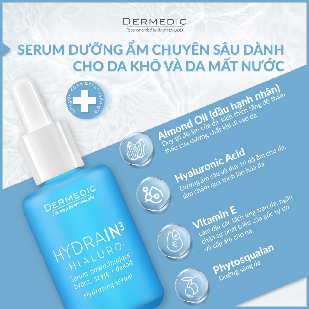 Combo 2 Serum cấp nước cấp ẩm da khô Dermedic Hydrain3 Hialuro Hydrating Serum For Face, Neck And Decolltage 30 ml