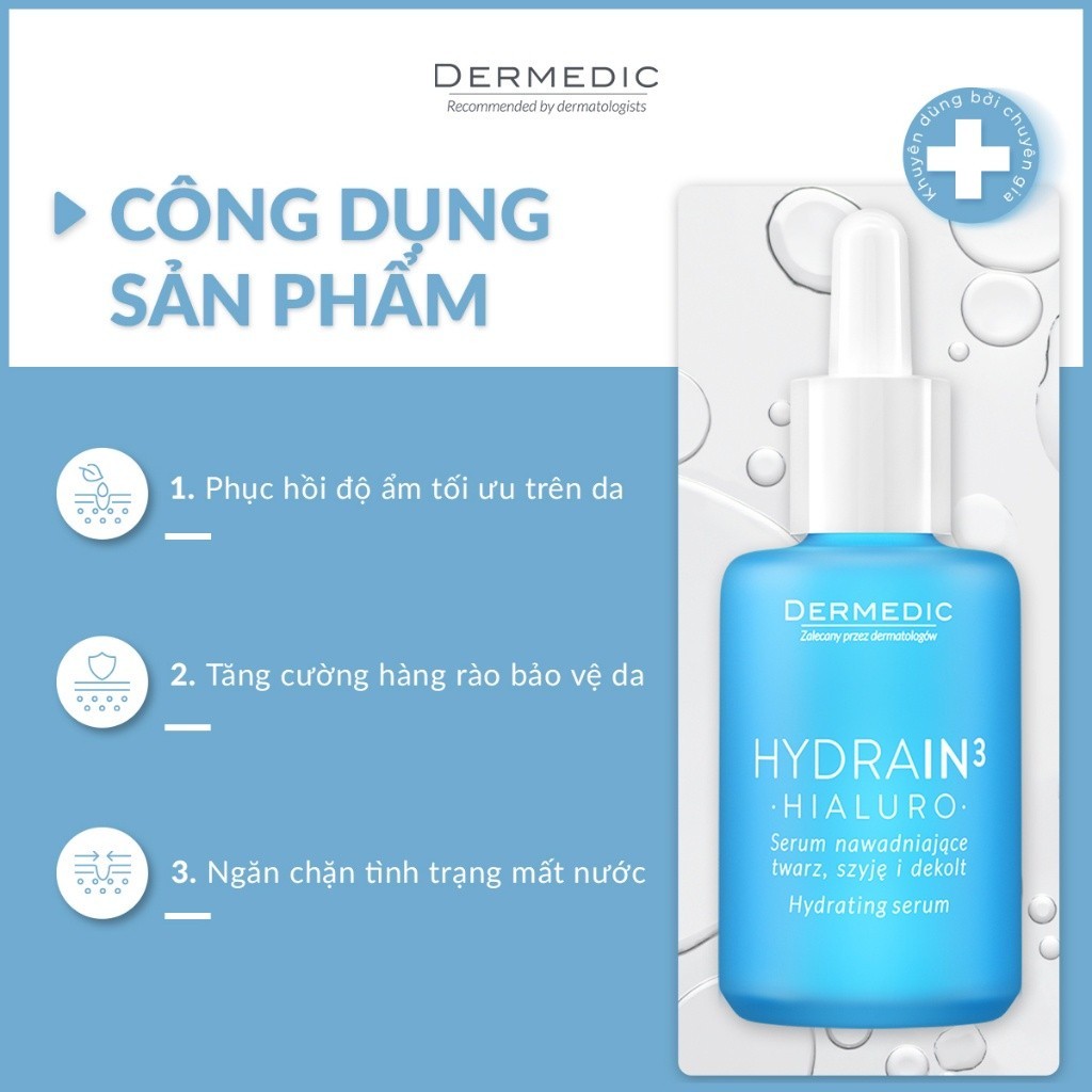 Combo 2 Serum cấp nước cấp ẩm da khô Dermedic Hydrain3 Hialuro Hydrating Serum For Face, Neck And Decolltage 30 ml