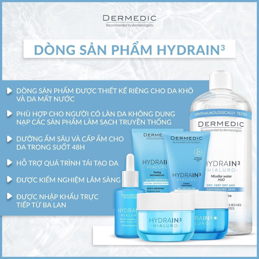 Combo 2 Serum cấp nước cấp ẩm da khô Dermedic Hydrain3 Hialuro Hydrating Serum For Face, Neck And Decolltage 30 ml