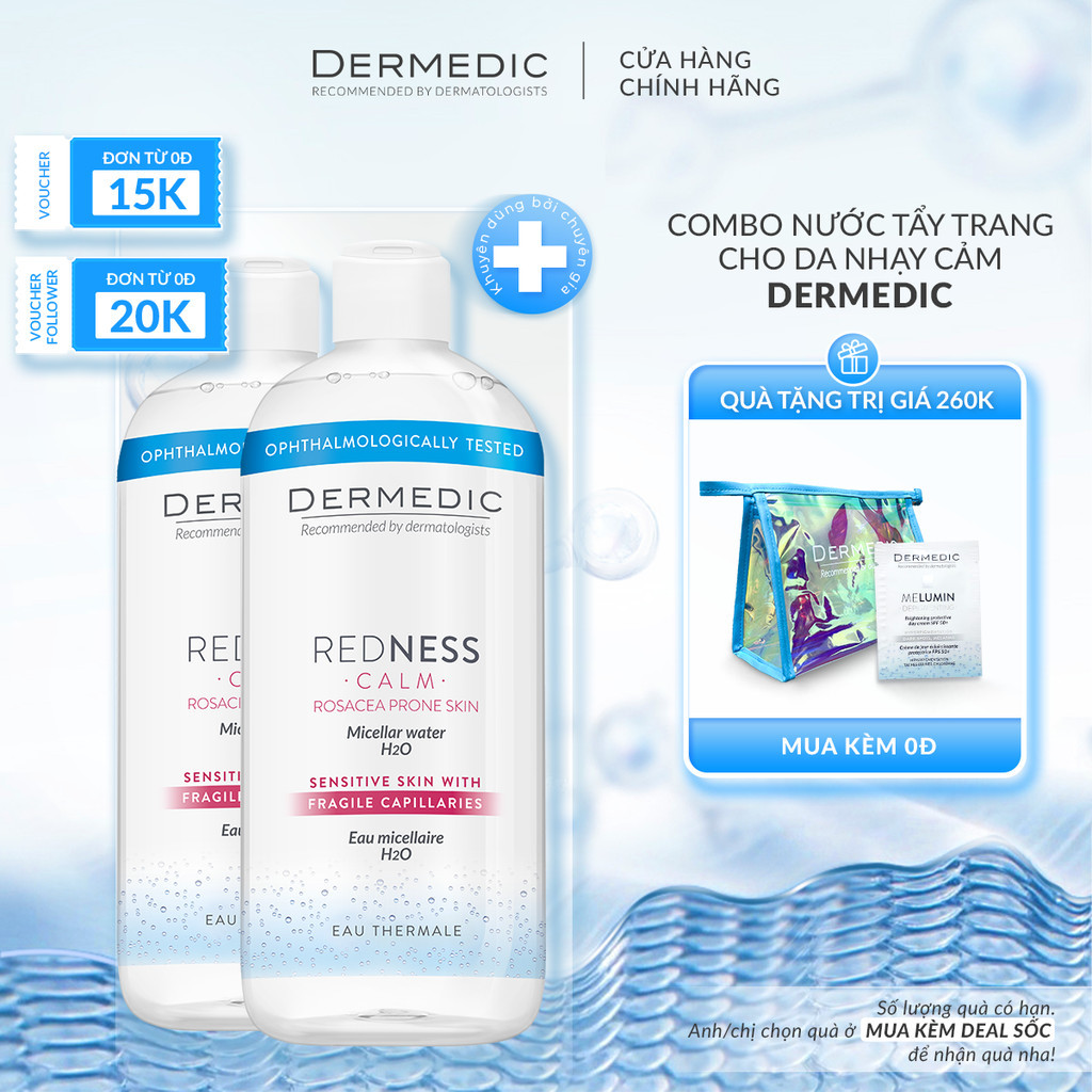 Combo 2 Nước tẩy trang Dermedic cho da nhạy cảm, mẩn đỏ REDNESS micellar water H2O 500 ml