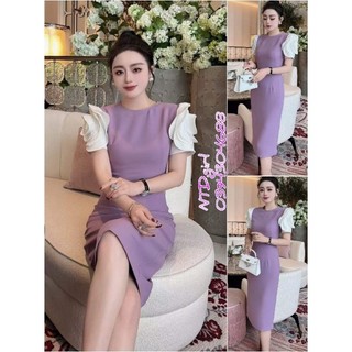 Hàng nhập - Đầm dáng ôm thun cotton mát lạnh tay hoa hồng, váy body Quảng Châu cổ tròn phối màu tím và trắng