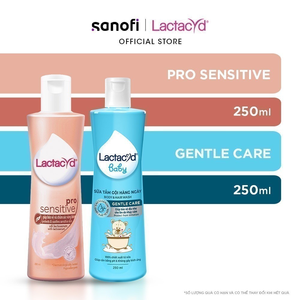 Bộ Dung Dịch Vệ Sinh Lactacyd Pro Sensitive Da Nhạy Cảm 250ml + Sữa tắm gội trẻ em Lactacyd Bb Giảm Rôm Sảy&Hăm Kẽ 250ml