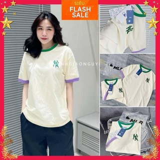 ÁO THUN NỮ M.L.B VIỀN XANH CỔ VIỀN TÍM TAY THÊU CHỮ cotton mịn 2024