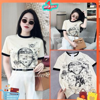 Áo thun, ÁO PHÔNG nữ Di o IN VOI PHỐI VIỀN đen cotton lạnh HOT HIT kèm ảnh thật 2024