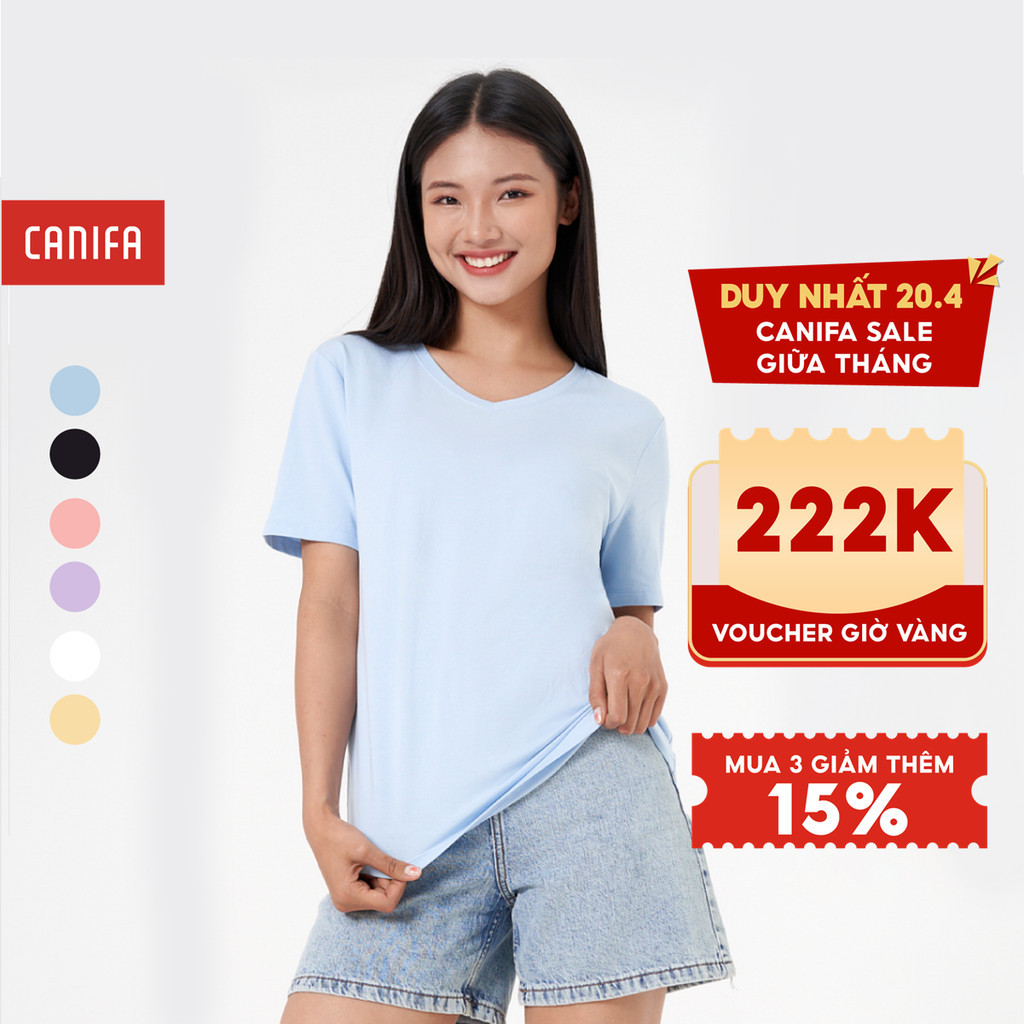 Áo phông nữ CANIFA chất liệu cotton, cổ tim tay cộc 6TS23A005