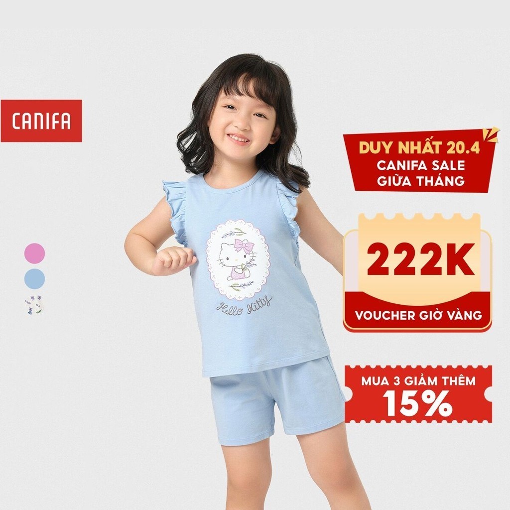 Bộ quần áo bé gái CANIFA chất liệu cotton áo cổ tròn tay cánh tiên, quần soóc cạp chun ML23 1LS23S006