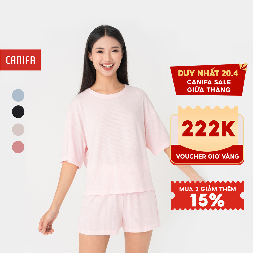 Bộ quần áo nữ CANIFA chất liệu polyester pha, cổ tim tròn tay cộc, quần soóc cạp chun 6LS23S007