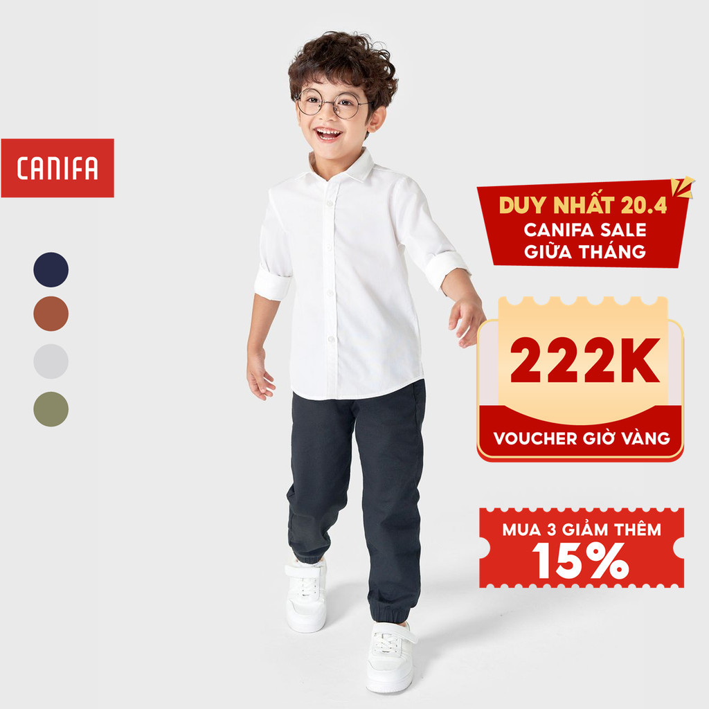 Quần khaki bé trai CANIFA chất liệu cotton spandex, cạp chun luồn dây dệt, túi chéo, dáng jogger 2BK22W001