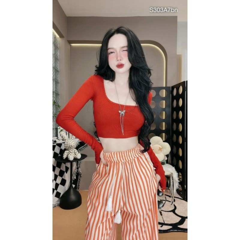 Set Bộ Đồ Nữ Áo Tay Dài Croptop Cổ Vuông Mix Quần Sọc Dài Ống Rộng Siêu Xinh BEBEDOLL