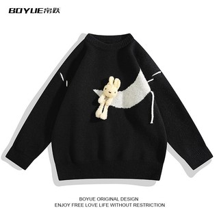 Áo len cổ tròn nam nữ unisex gắn thỏ cute, áo sweater unisex dệt kim form rộng phong cách Hàn Quốc 6755
